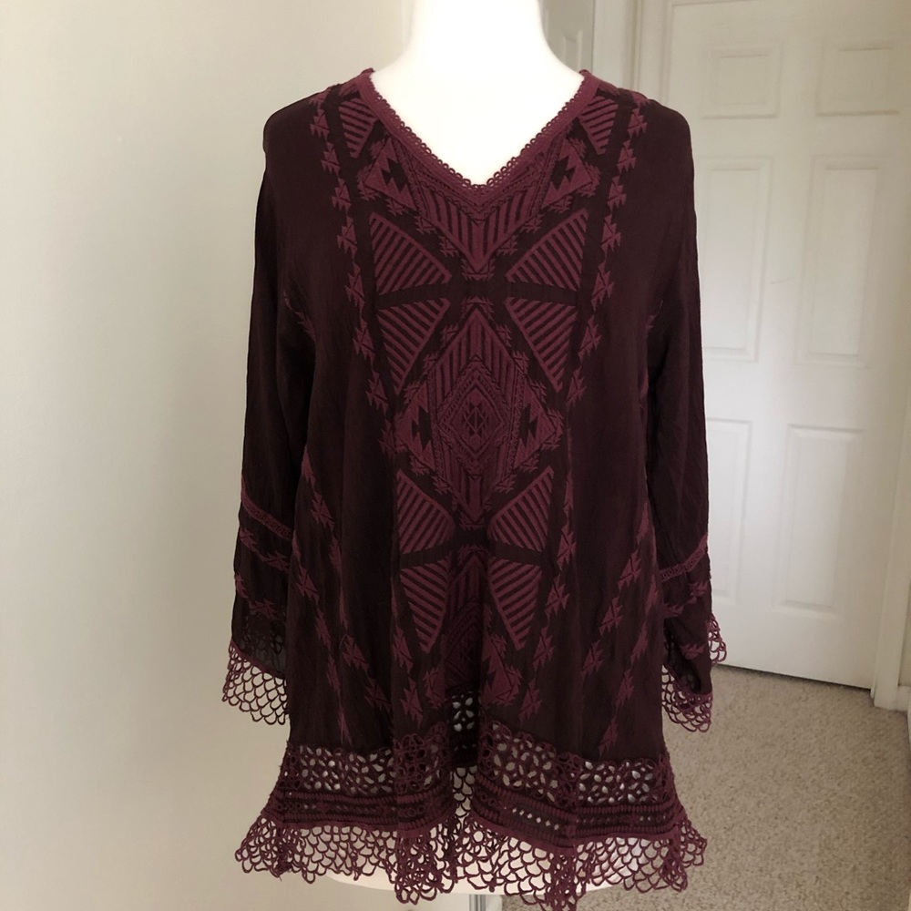 JOHNNY WAS Burgundy Rayon Top M